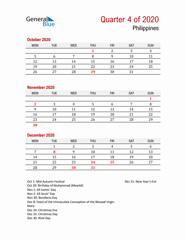 Printable Three Month Calendar with Philippines Holidays