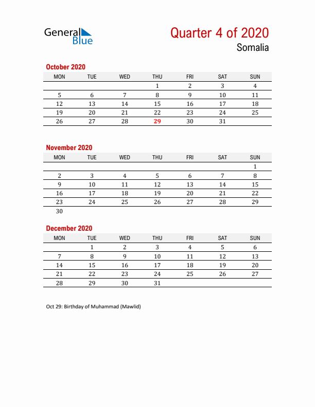 Printable Three Month Calendar with Somalia Holidays