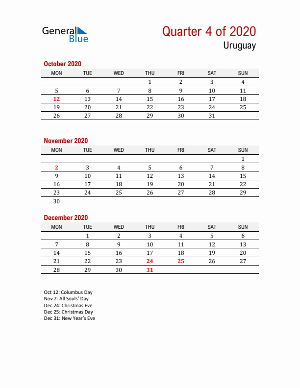 Printable Three Month Calendar with Uruguay Holidays