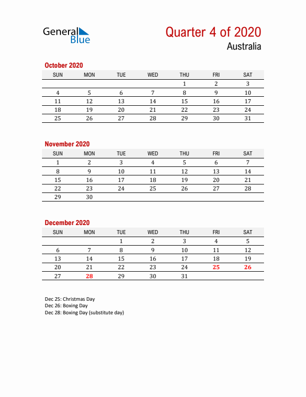 Printable Three Month Calendar with Australia Holidays