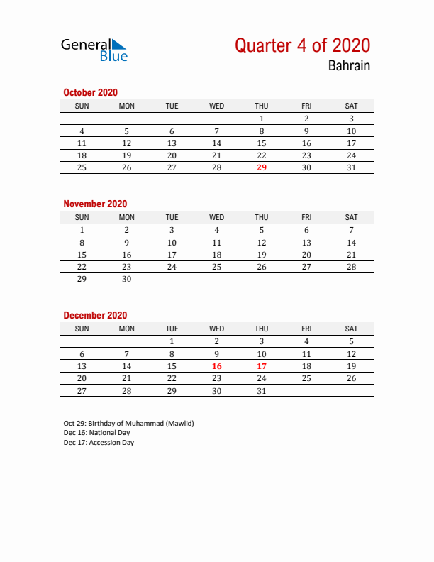 Printable Three Month Calendar with Bahrain Holidays