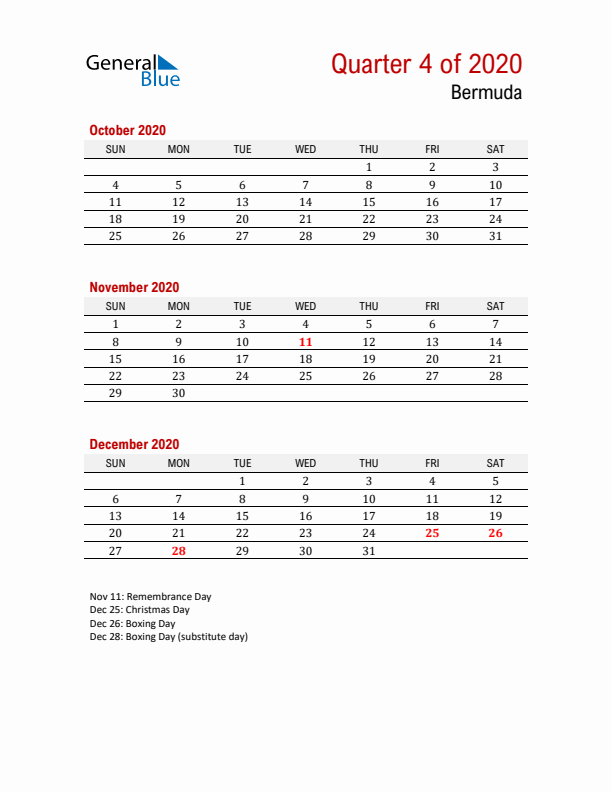 Printable Three Month Calendar with Bermuda Holidays