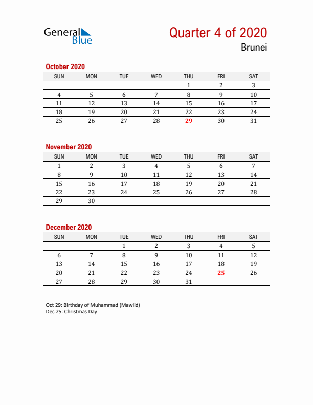 Printable Three Month Calendar with Brunei Holidays