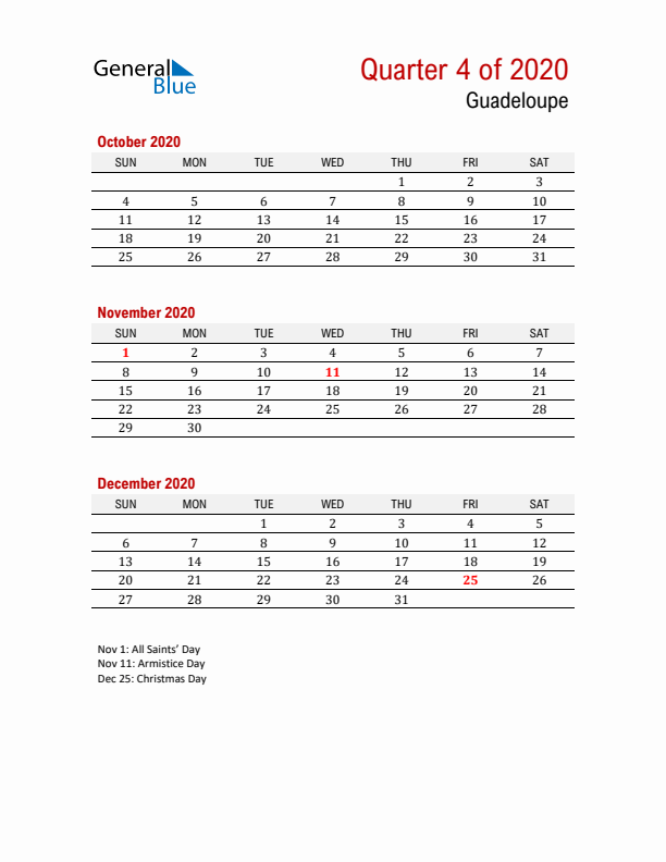 Printable Three Month Calendar with Guadeloupe Holidays