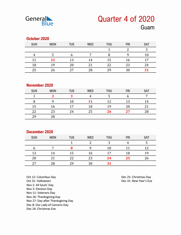 Printable Three Month Calendar with Guam Holidays