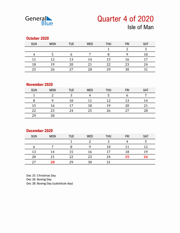 Printable Three Month Calendar with Isle of Man Holidays