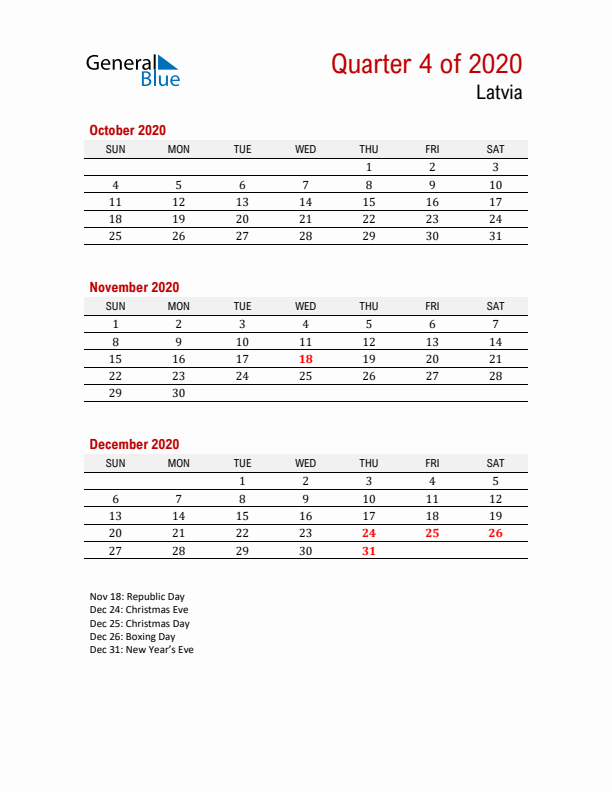 Printable Three Month Calendar with Latvia Holidays