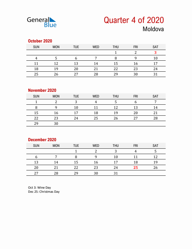 Printable Three Month Calendar with Moldova Holidays