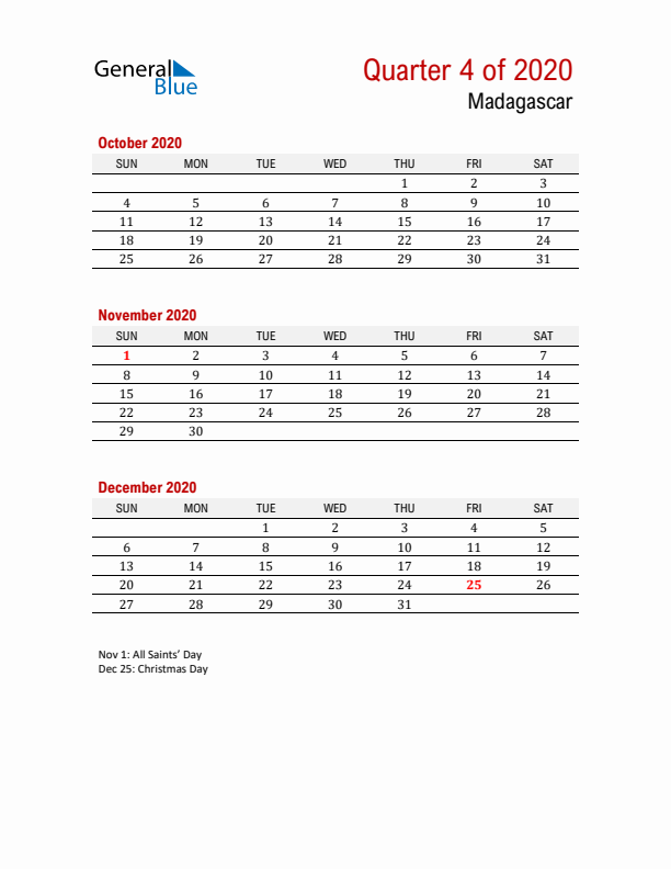 Printable Three Month Calendar with Madagascar Holidays