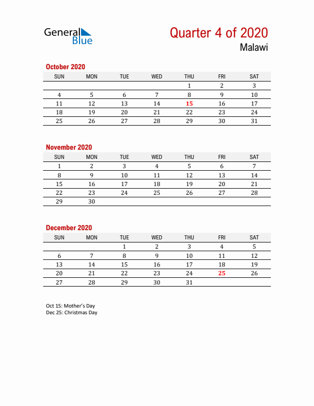 Printable Three Month Calendar with Malawi Holidays