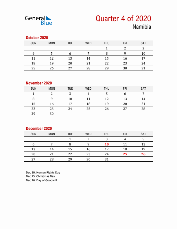 Printable Three Month Calendar with Namibia Holidays