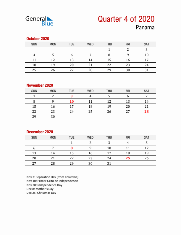 Printable Three Month Calendar with Panama Holidays