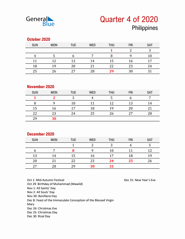 Printable Three Month Calendar with Philippines Holidays