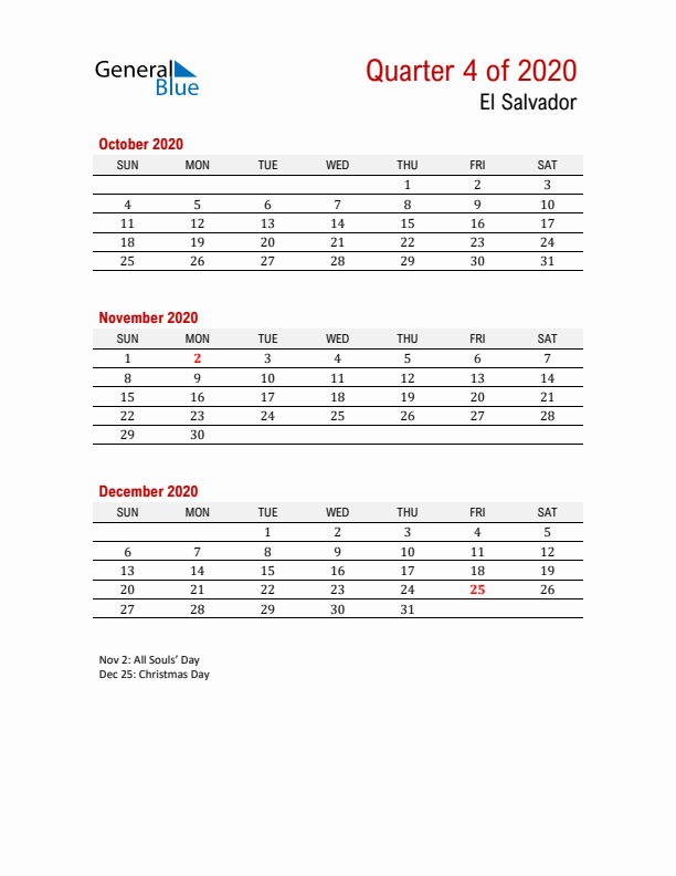 Printable Three Month Calendar with El Salvador Holidays