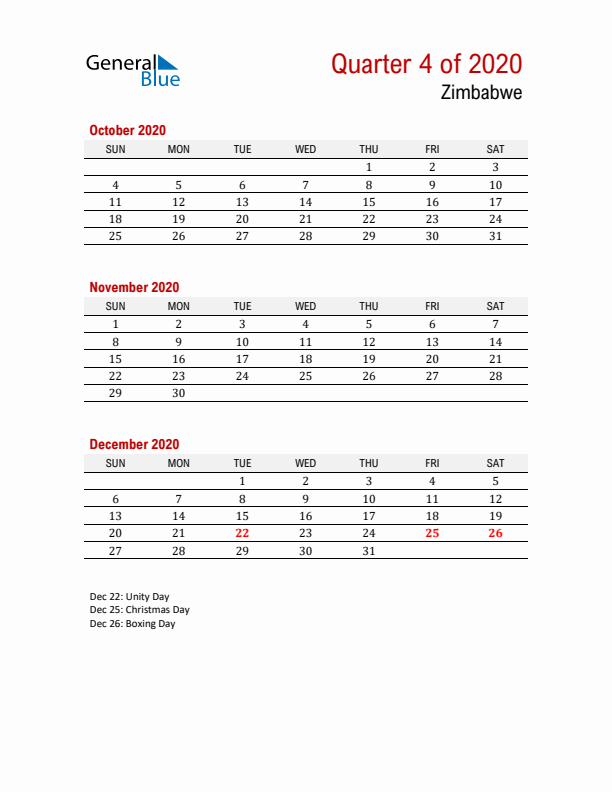 Printable Three Month Calendar with Zimbabwe Holidays