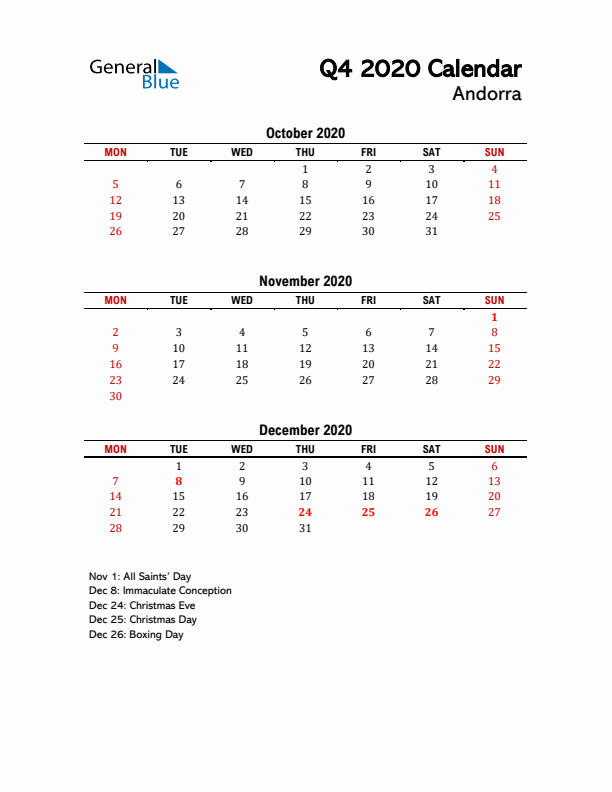 2020 Q4 Calendar with Holidays List for Andorra