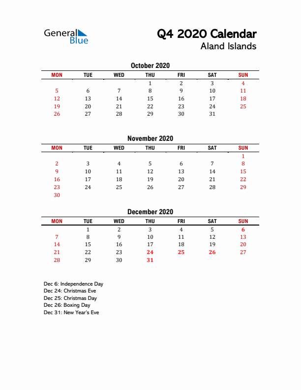 2020 Q4 Calendar with Holidays List for Aland Islands