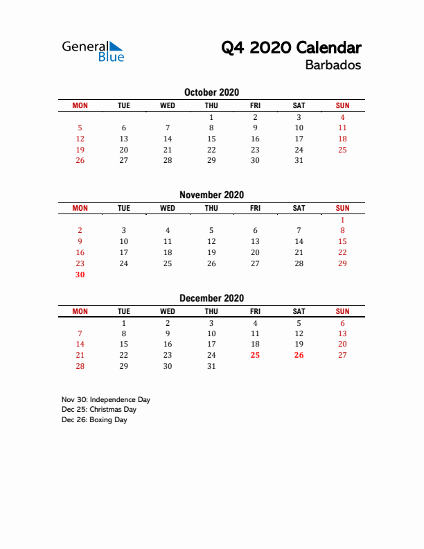 2020 Q4 Calendar with Holidays List for Barbados