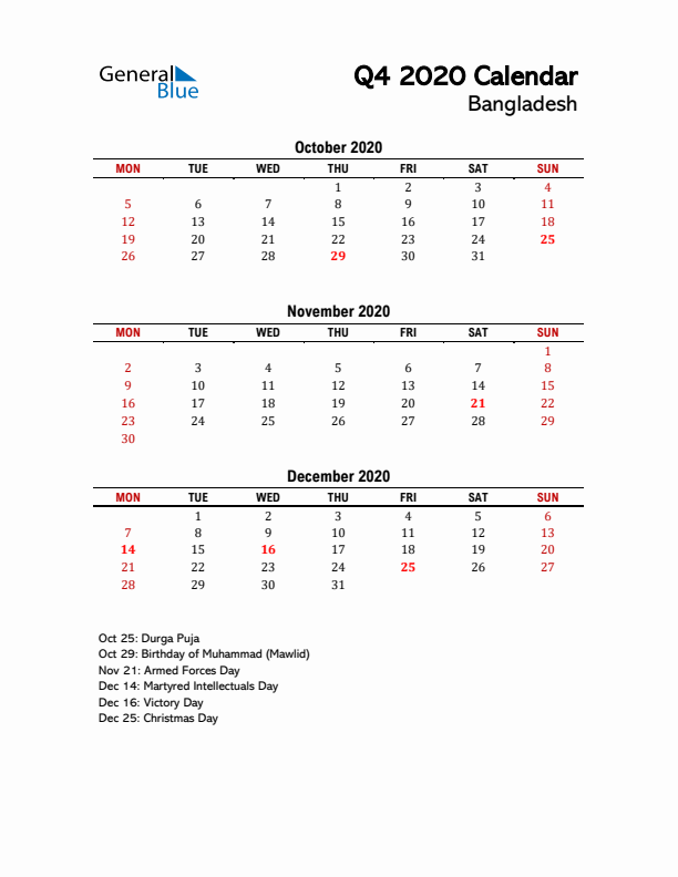 2020 Q4 Calendar with Holidays List for Bangladesh