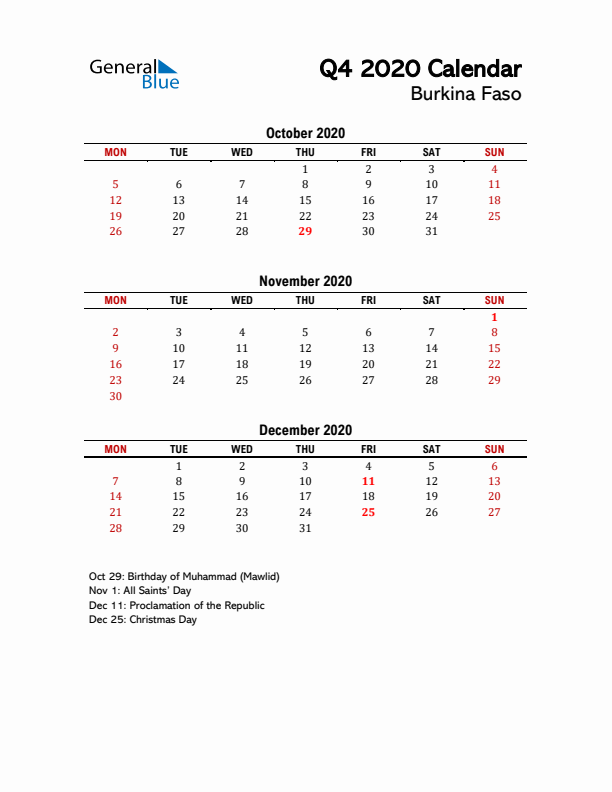 2020 Q4 Calendar with Holidays List for Burkina Faso