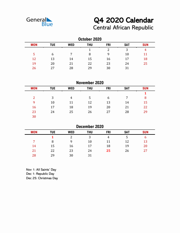 2020 Q4 Calendar with Holidays List for Central African Republic