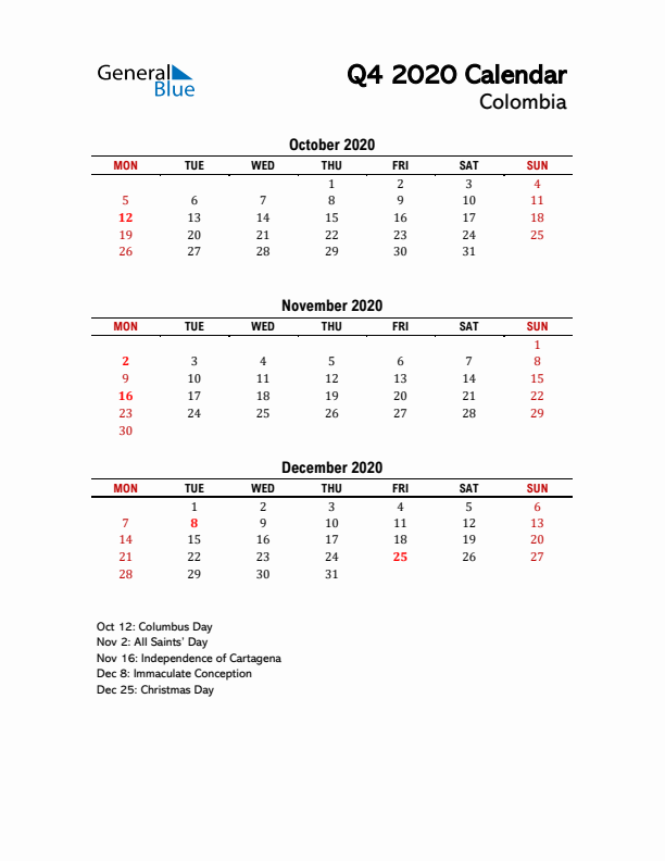 2020 Q4 Calendar with Holidays List for Colombia