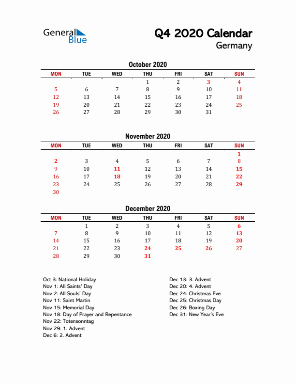 2020 Q4 Calendar with Holidays List for Germany