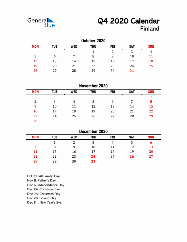 2020 Q4 Calendar with Holidays List for Finland