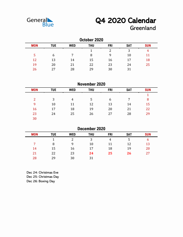 2020 Q4 Calendar with Holidays List for Greenland