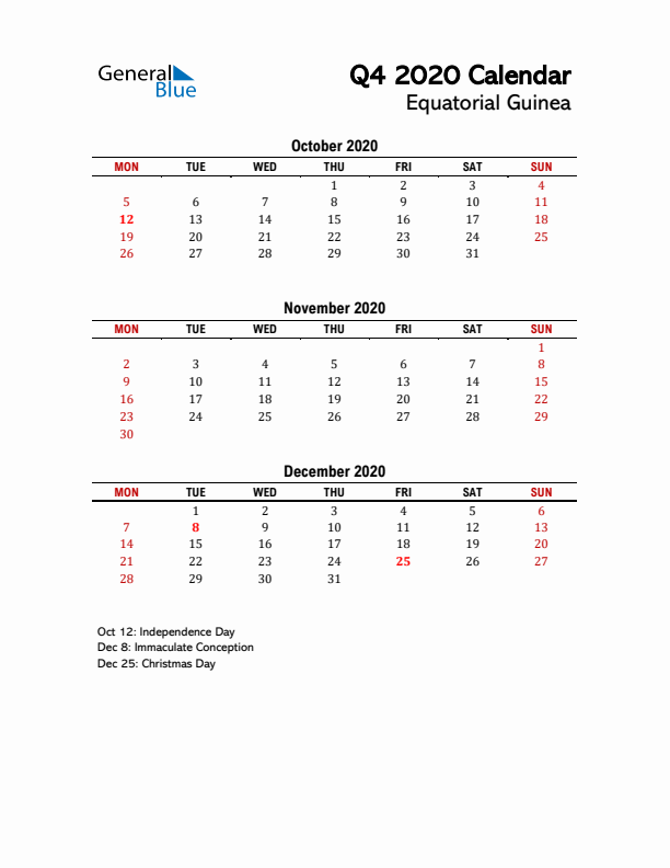 2020 Q4 Calendar with Holidays List for Equatorial Guinea