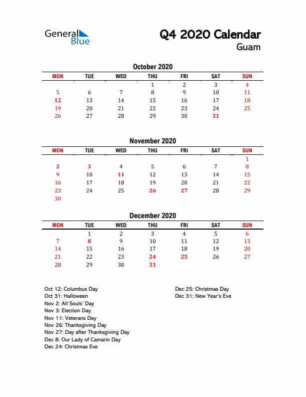 2020 Q4 Calendar with Holidays List for Guam