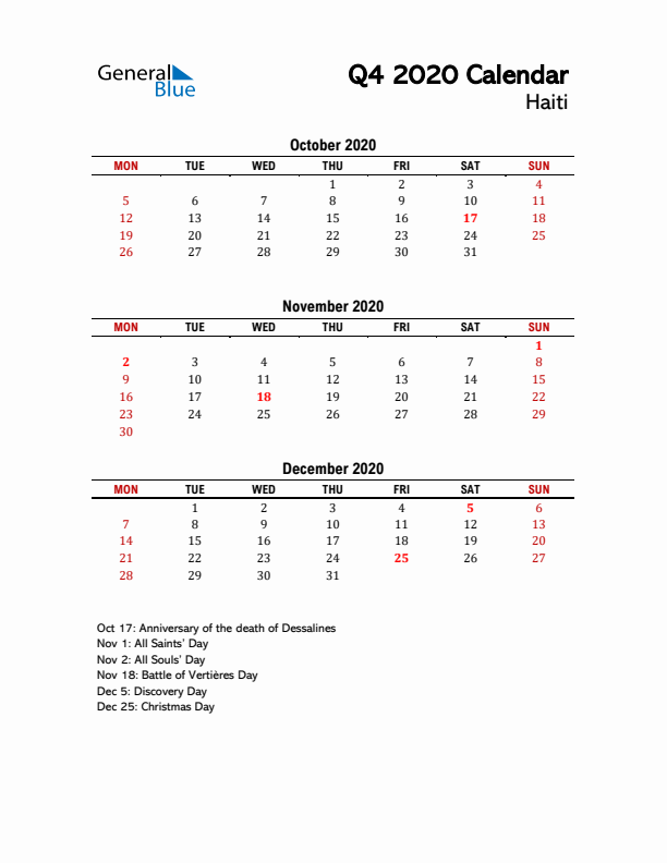 2020 Q4 Calendar with Holidays List for Haiti