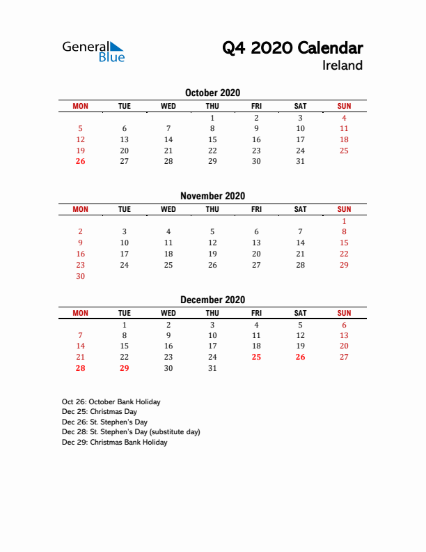 2020 Q4 Calendar with Holidays List for Ireland