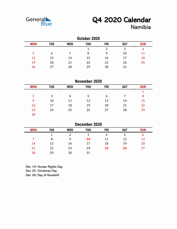 2020 Q4 Calendar with Holidays List for Namibia