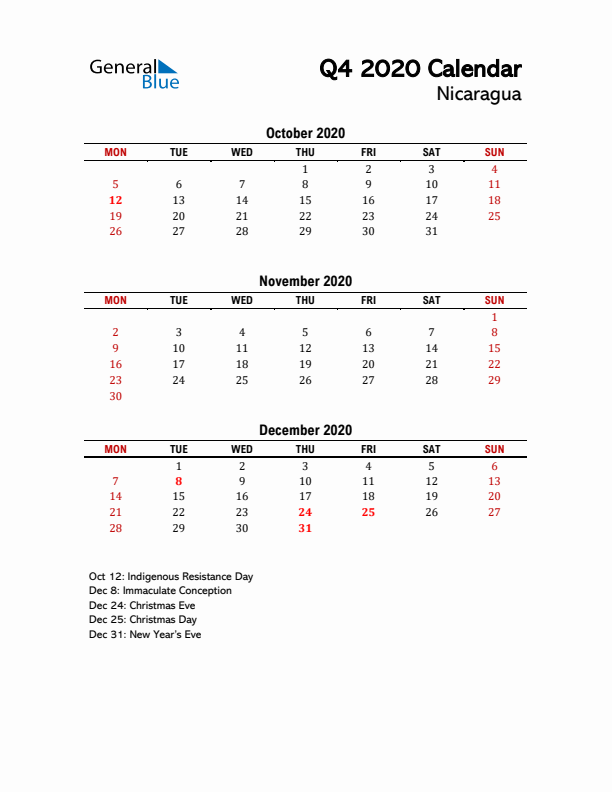 2020 Q4 Calendar with Holidays List for Nicaragua