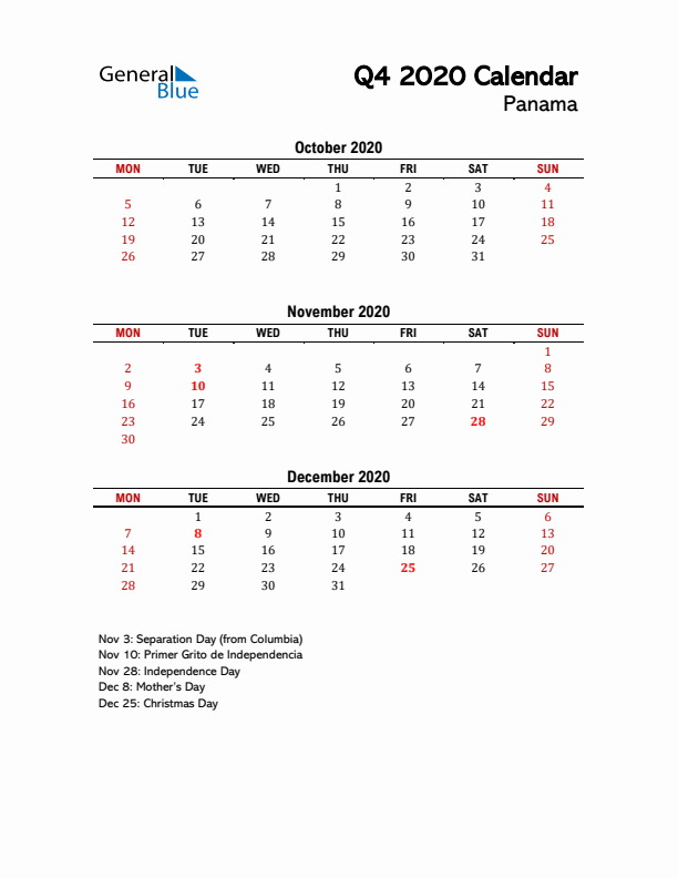 2020 Q4 Calendar with Holidays List for Panama