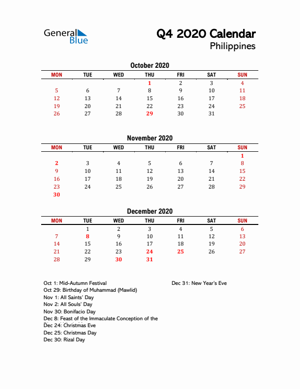 2020 Q4 Calendar with Holidays List for Philippines