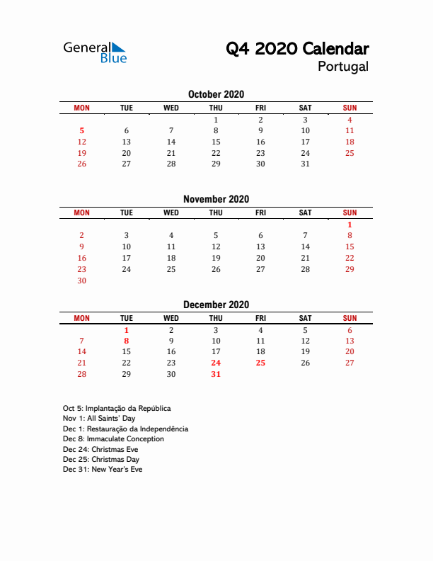 2020 Q4 Calendar with Holidays List for Portugal