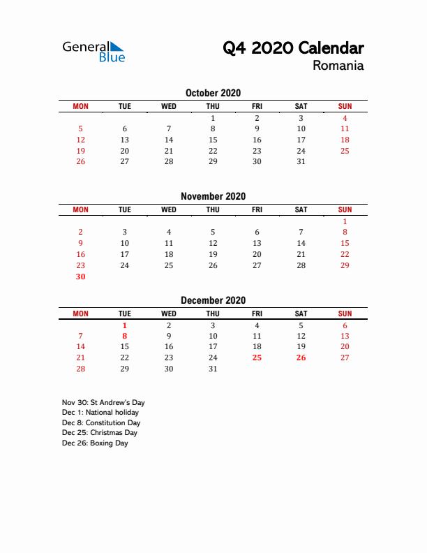 2020 Q4 Calendar with Holidays List for Romania