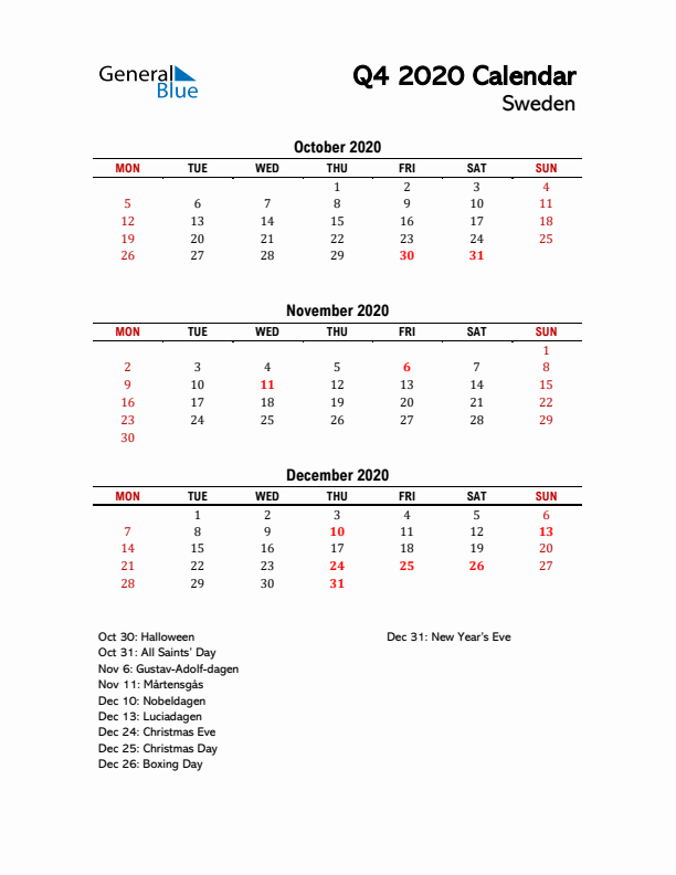 2020 Q4 Calendar with Holidays List for Sweden