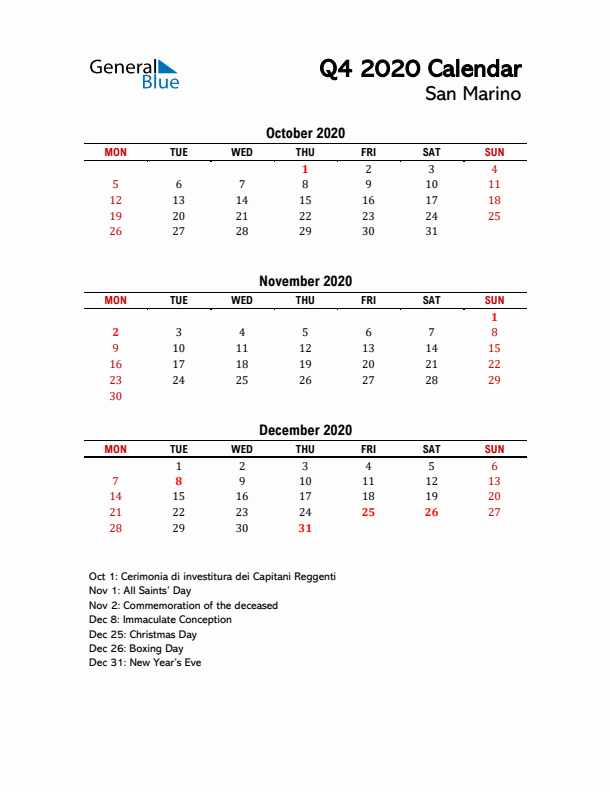 2020 Q4 Calendar with Holidays List for San Marino