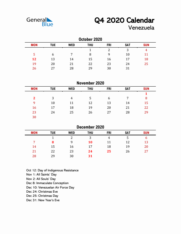 2020 Q4 Calendar with Holidays List for Venezuela