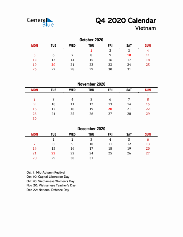 2020 Q4 Calendar with Holidays List for Vietnam