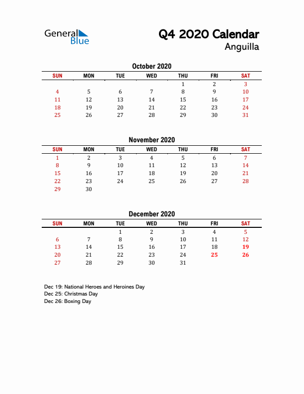 2020 Q4 Calendar with Holidays List for Anguilla