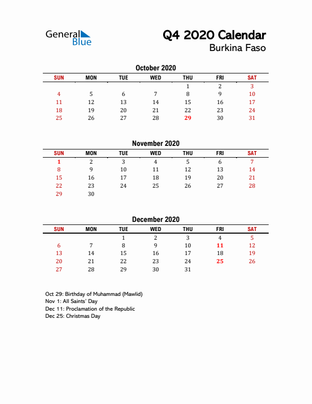 2020 Q4 Calendar with Holidays List for Burkina Faso