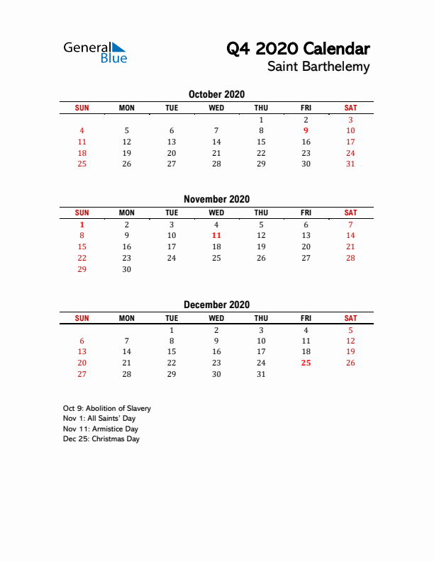 2020 Q4 Calendar with Holidays List for Saint Barthelemy