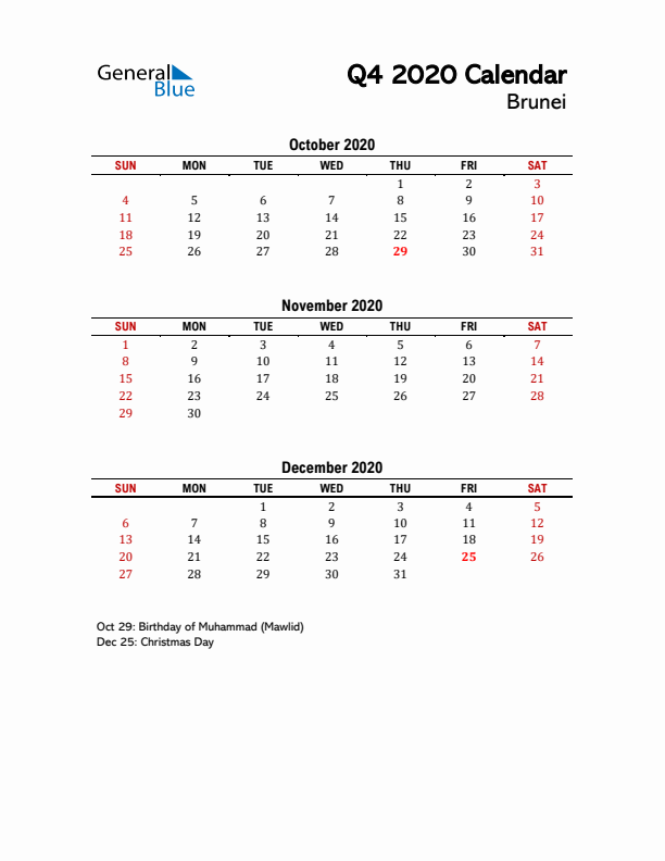 2020 Q4 Calendar with Holidays List for Brunei