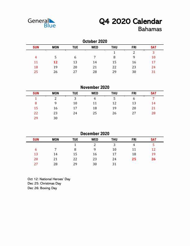 2020 Q4 Calendar with Holidays List for Bahamas