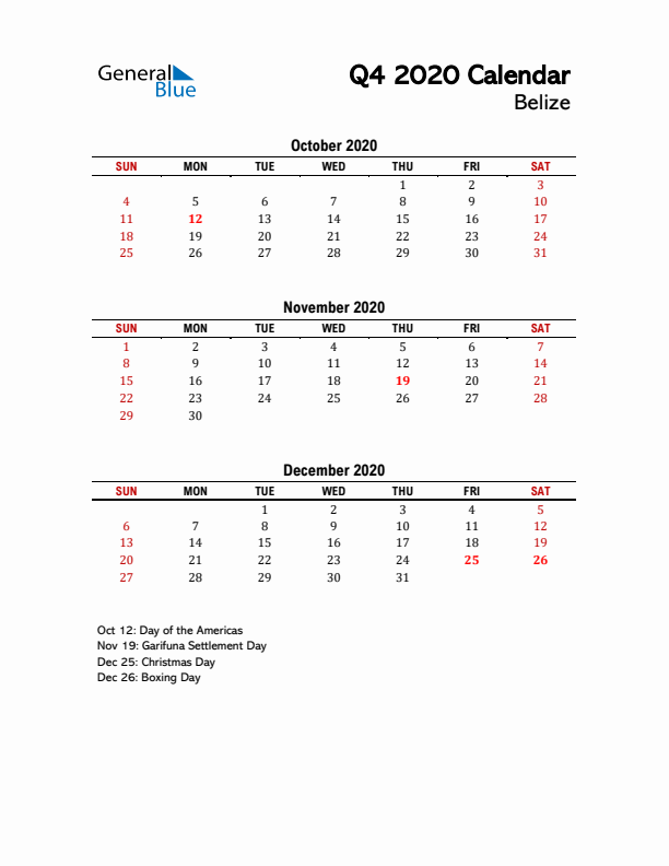 2020 Q4 Calendar with Holidays List for Belize