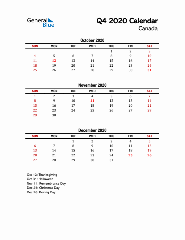 2020 Q4 Calendar with Holidays List for Canada